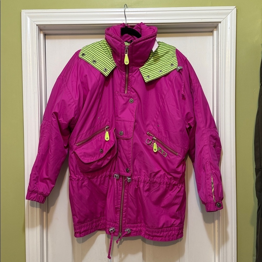 Vintage HEAD Neon Ski Jacket Pink Green Thermore Insulated Size 6 (Fits M/L)